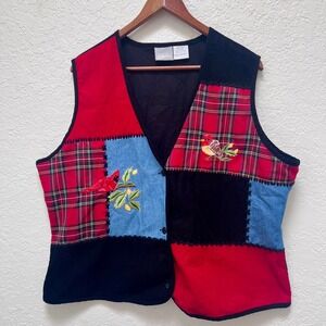 VTG Blair Patchwork Cardinal Plaid Vest Women XL Embroidered‎ Corduroy Eclectic